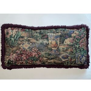 Vintage Tea Party Garden Floral Victorian Decorative Throw Pillow Fringe 24"x12"